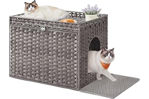 Feandrea Cat Litter Box Enclosure, Handwoven Rattan Hidden Litter Box Furniture with Extra Litter Mat, Removable Washable Tray, Boho Cat House, End Table, Dove Gray UPCL014G01