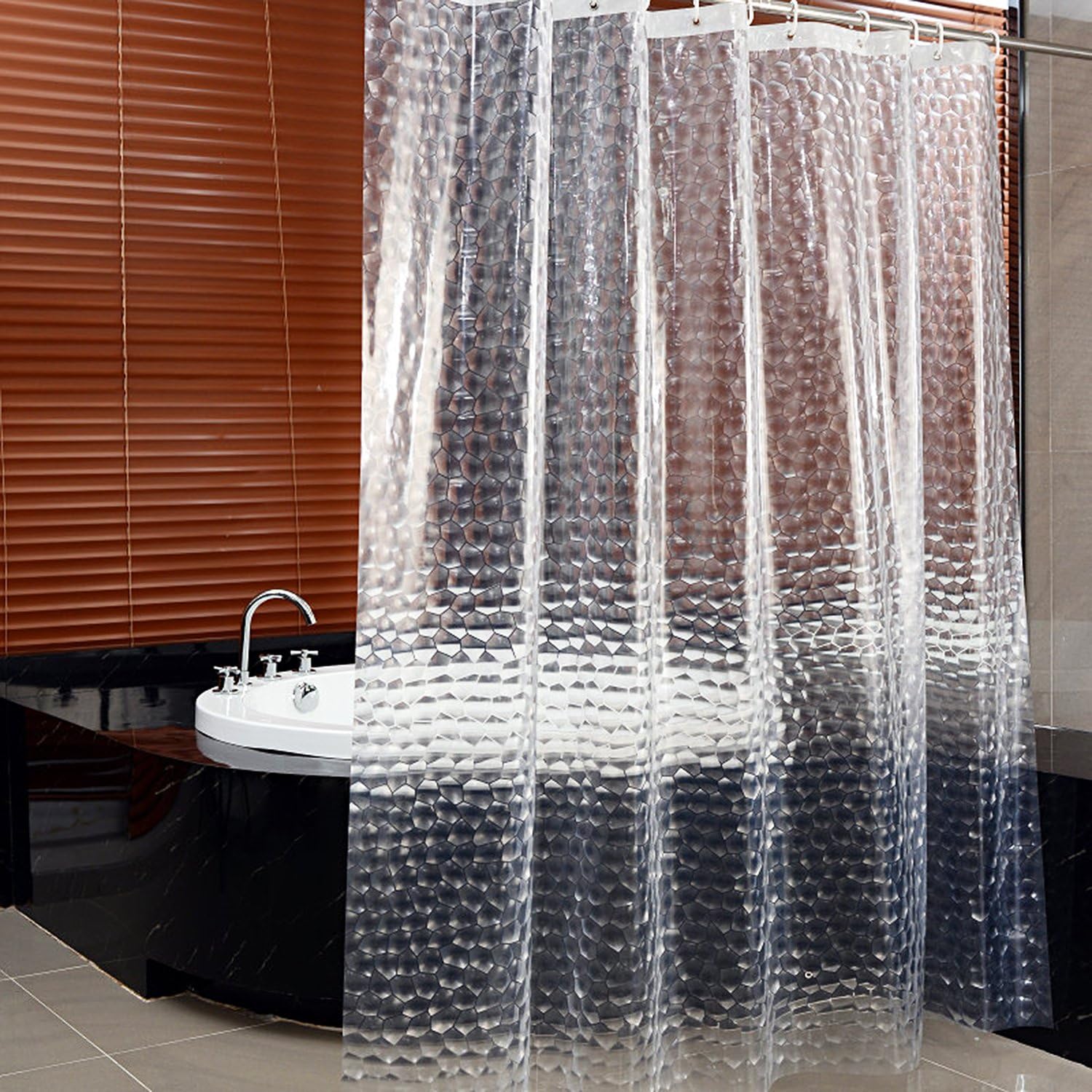 Hiveseen PEVA Shower Curtain Transparent, 180x 200cm 3D Clear ECO Shower Curtain Mould Proof Resistant with 12 Ring Hooks, Waterproof Washable Antibacterial for Bathroom, PVC Free (71 x 79 Inch)