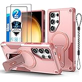 GuardCase for Samsung Galaxy S24 Ultra case[Compatible with MagSafe][with 2 Pcs Fingerprint Unlock Glass Screen Protector][Built in Invisible Stand] Shockproof Protective Phone Cover 6.8-inch(Pink)