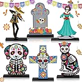 Amyhill 6 Pcs Dia De Los Muertos Decoration Day of The Dead Table Decor | Wooden Day of The Dead Table Centerpiece, Sugar Skull Figurines for Halloween Carnival Tables, Mexican Party Supplies