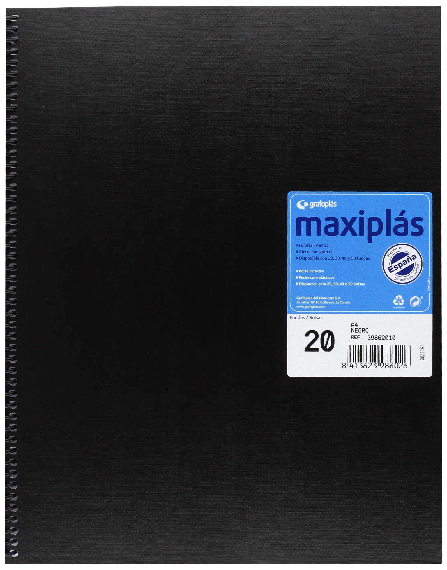 Grafoplas 39862010 – Folder with 20 Pockets, A4, Lined Covers, Black
