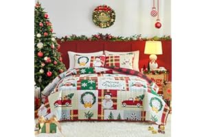FLYSHEEP Christmas Quilt Set 2 Pieces Twin Size, Snowman Snowflake Deer Patchwork Plaid Design Bedspread Coverlet Set, Soft Microfiber Lightweight Bed Cover for Kids (68" x 86", 1 Quilt+ 1 Pillow Sham)