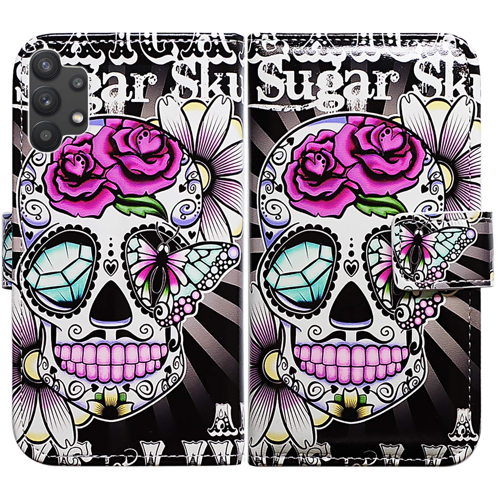 Bcov Galaxy A32 5G Case, Purple Flower Sugar Skull Leather Flip Phone Case Wallet Cover with Card Slot Holder Kickstand For Samsung Galaxy A32 5G 2021