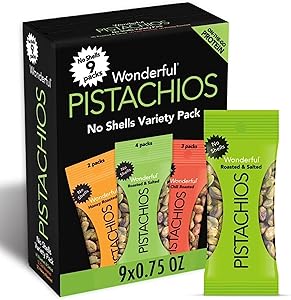Wonderful Pistachios No Shells, 3 Flavors Mixed Variety Pack of 9 (0.75 Ounce), Roasted & Salted Nuts (4), Chili (3), Honey (
