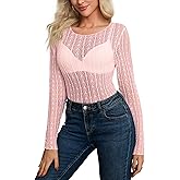 OMSJ Womens Lace Floral Mesh Tops Long Sleeve Sexy See Through Blouse Round Neck Layering Top Shirts