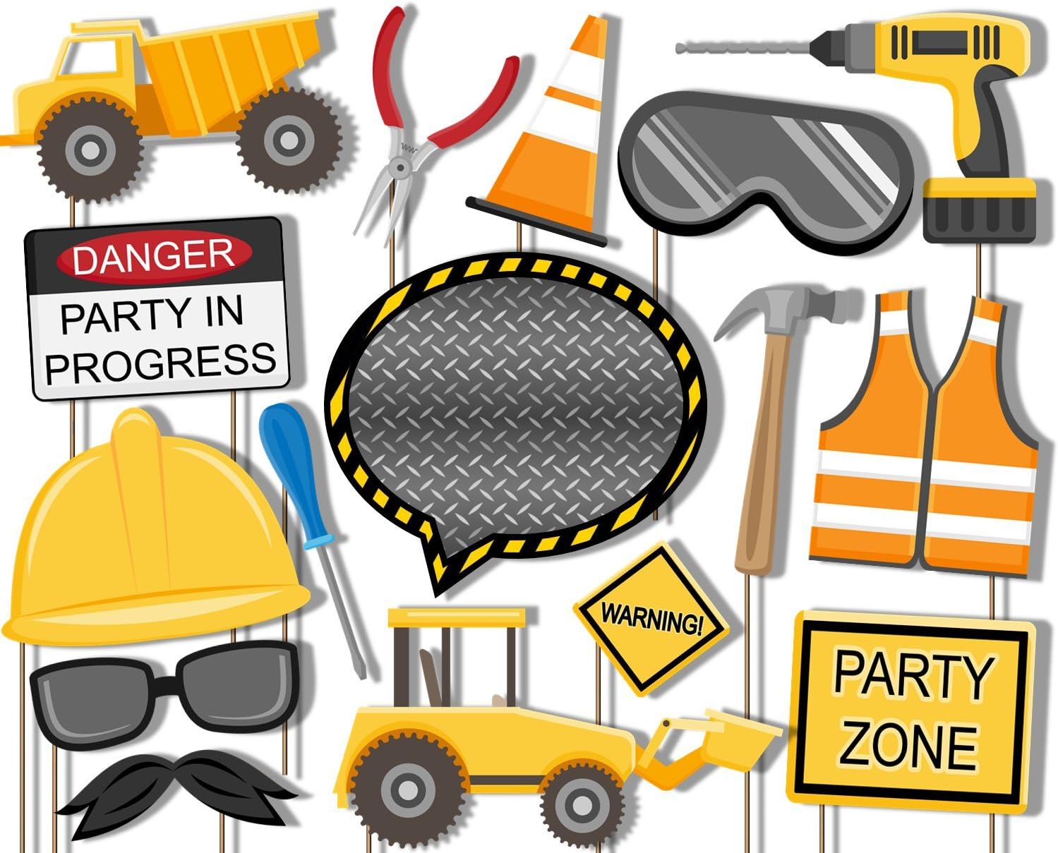 Birthday Galore Construction Trucks Photo Booth Props Kit - 20 Pack Party Camera Props Fully Assembled