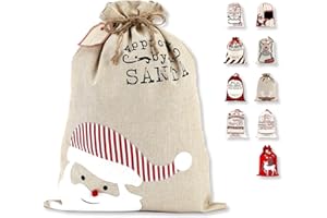 LessMo Christmas Santa Sack, Large Canvas Gift Bag with Drawstring, [Place to Write Wishes] Reusable Personalized Best Gift, for Xmas Package Storage, Christmas Party Supplies Favors
