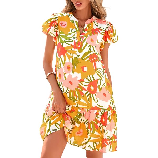 Floral Sundress Women's Boho Summer Dress - V Neck Short Sleeve With ...