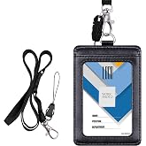 Wisdompro Leather 2 Sided ID Badge Holder with Lanyard, Vertical Black | 1 Name Tag Window, 22 Inch Detachable Heavy Duty Neck Strap, 1 Credit Card Protector Slot, for Work, School, Cruise
