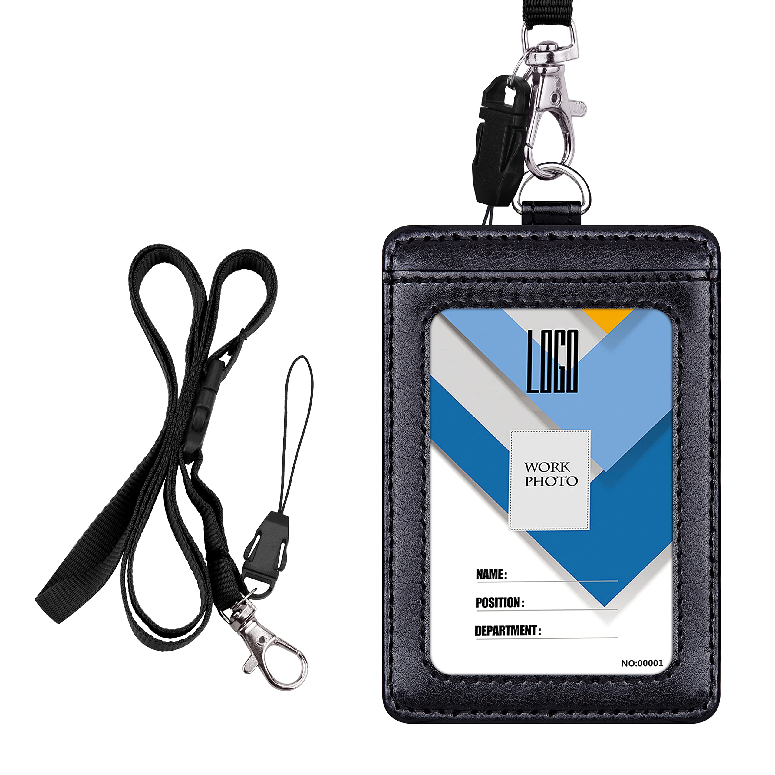 Wisdompro Badge Holder, Double Sided PU Leather Bus Pass Holder with 1 Clear ID Name Window and 1 Identity Credit Card Slot and 22 Inch Detachable Neck Lanyard Strap - Black (Vertical)