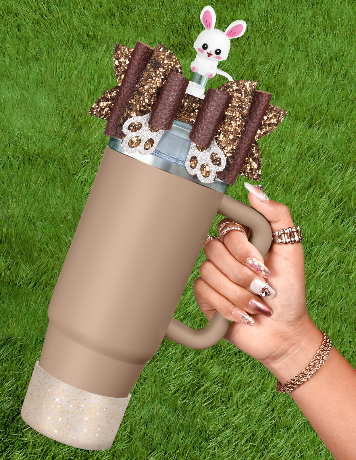 Photo 1 of Toykee Easter Bunny Bow Straw Cover Topper for Stanley Cup - Brown Gold for Tumbler 40 30 oz Accessories Rabbit Straw Caps with Silicone Boot Bottom Protector Bling Water Bottle Decor Gifts