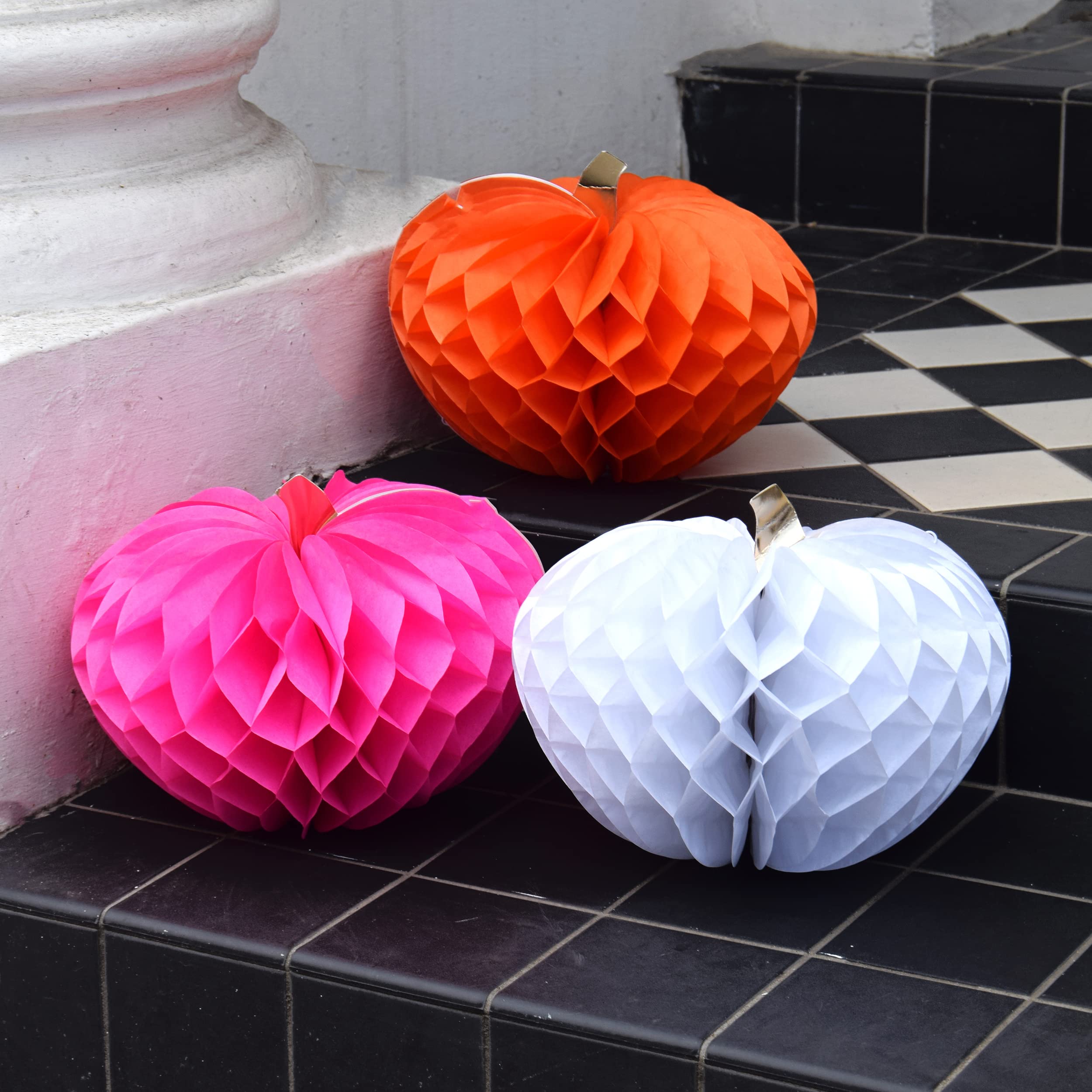 Talking Tables Pumpkin Decorations Halloween Party | Pink, Orange and White Paper Honeycombs | For Front Door, Table, Autumn Décor, Thanksgiving