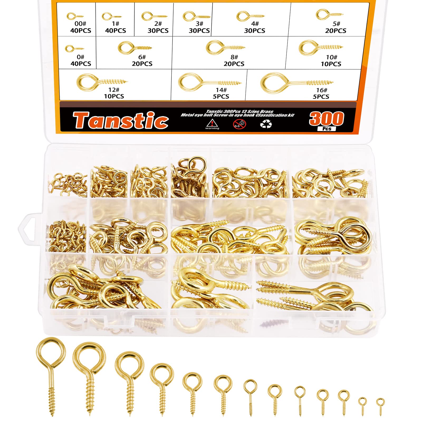 Tanstic 300Pcs 13 Sizes Brass Plated Eye Bolts Screw Eyes Assortment Kit, Screw-in Eye Bolts Screw Eyes Hooks Screw in Hooks Ceiling Hanging Hooks for Home Workplace Office