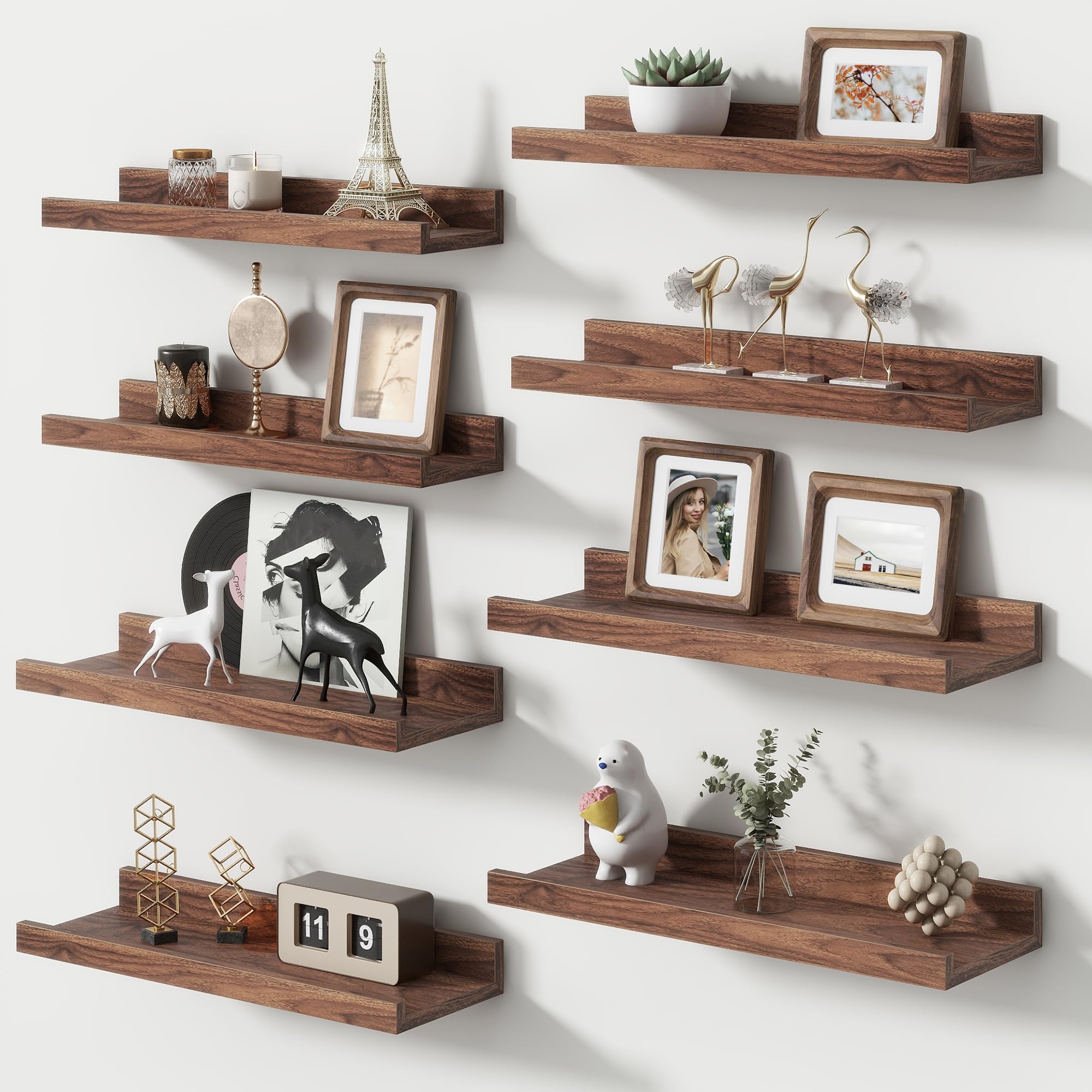 FLYJOE Picture Ledge Shelf, Small Floating Shelves Set of 8, 16 Inches Nursery Book Shelves for Toys Storage, Kids Bookshelf Wall Mounted for Living Room Bedroom Decor Books Photo Frames, Walnut