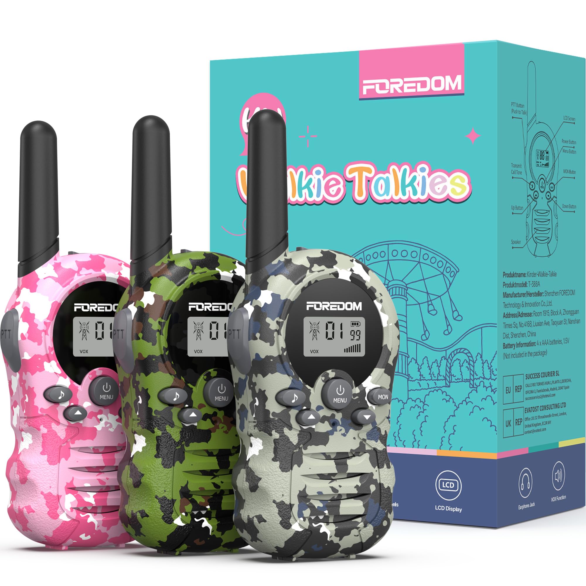 FOREDOM Walkie Talkies for Kids Walkie Talkies Long Range for Boys & Girls Age 3 to 12 Year Old Birthday Cool Army Toys - 3 Pack