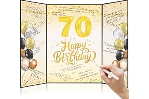 Tnvee Black Gold 70TH Birthday Party Decorations for Man Women, Large 19" x 12.2" Happy Birthday Signature Guest Book Signing Big Card Board Party Supplies Gifts for 70 Years Old Mom Dad Friends