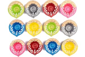 CRAFTSMAN SATVIK Set of 12 with Assorted Shubh Labh Stickers l Handcrafted Clay Diyas for Diwali Celebration | Traditional Terracotta Oil Lamps