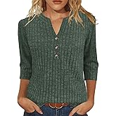 XMTOPYE Womens Sweaters 3/4 Length Sleeve Tops Fall Fashion V Neck Casual Sweatshirt Winter Clothes