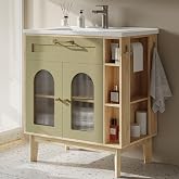 LIKIMIO 30 inch Bathroom Vanity with Sink, Bathroom Vanities Cabinet with Ceramic Sink, Arched Glass Door Storage with Adjustable Shelf, Solid Wood Legs, Towel Bar &amp; Toilet Paper Holder