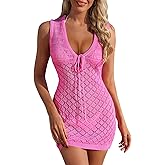 FAIRY SEASON Swimsuit Coverup for Women Crochet Swim Cover Ups Mesh Knit Hollow Out Front Tie Sleeveless Beach Dress