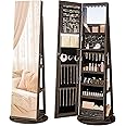 SONGMICS 6 LEDs Lockable Mirror Jewelry Cabinet, 360° Swivel Jewelry Organizer Armoire Standing, Frameless Full-Length Mirror, 3 Storage Shelves, Ash Brown Surface, Black Lining UJJC007K02