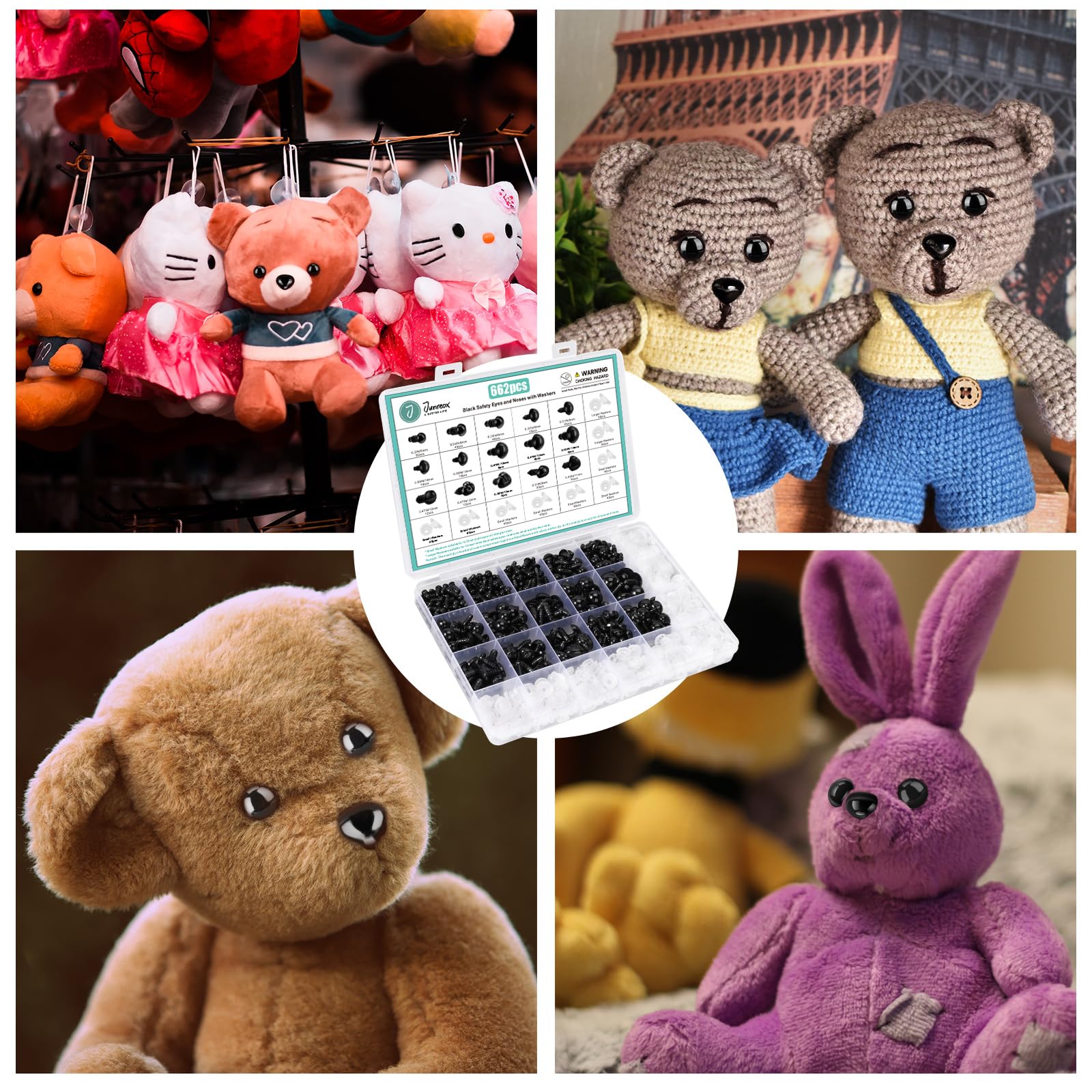 662Pcs Safety Eyes and Noses for Amigurumi, Junreox Preimum 5-14mm Safety Eyes for Crochet Stuffed Animals, Assorted Plastic Crochet Craft Eyes with Washers for Teddy Bear, Dolls, Plushies Toys, Black
