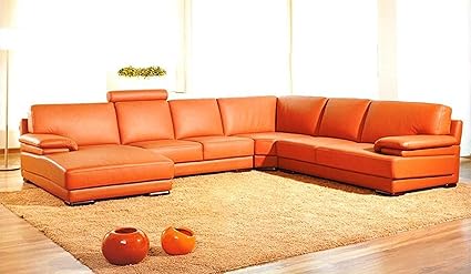 2227 Orange Leather Contemporary Sectional Sofa With Chaise