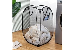 Collapsible Laundry Basket, Mesh Pop-Up Hamper for Dirty Clothes, Foldable Storage Bin for Bathroom, Dorm, Travel, Black