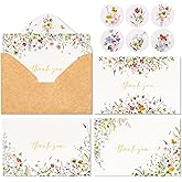 Crisky 4 Assorted Gold Foil WildFlowers Thank You Cards, (50 Cards with Envelopes for Birthday, Baby Shower, Bridal Shower, Wedding, All Occasion)