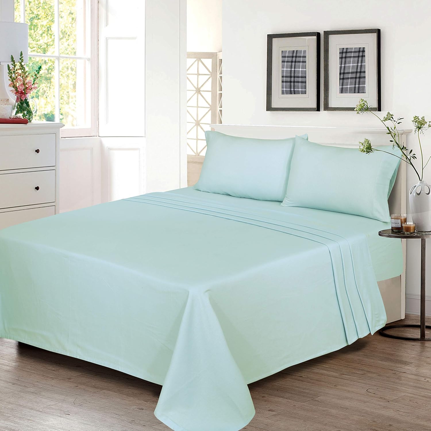 Ruvanti 100% Cotton 4 Piece Flannel Sheets King-Deep Pocket-All Seasons-Warm-Super Soft-Green-Breathable & Moisture Wicking Flannel Bed Sheet King Include Flat, Fitted Sheet & 2 Pillowcases: Home & Kitchen