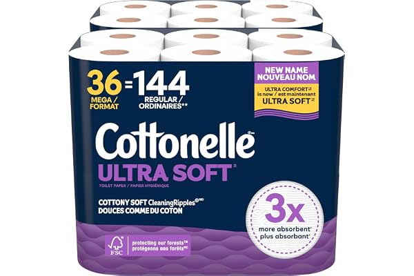 Cottonelle Toilet Paper, 36 Mega Rolls = 144 Regular Rolls (2 Packs of 18), Ultra Soft (Formerly Ultra Comfort), Soft Bathroo