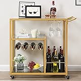 HOMYSHOPY Bar Cart for Home, 3-Tier Mobile Kitchen Serving Cart with Glass Holder and Wine Rack, Rolling Wine Trolley with Te