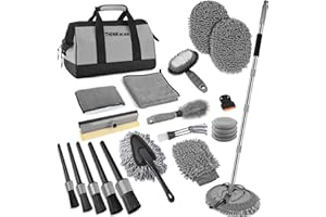 THINKWORK Car Wash Kit, Car Washing Brush with Long Handle, Extendable Car Wash Brush Mop with 2-in-1 Windshield Squeegee and 9Pcs Detailing Brushes, Gray Car Detailing Kit Gift for Men