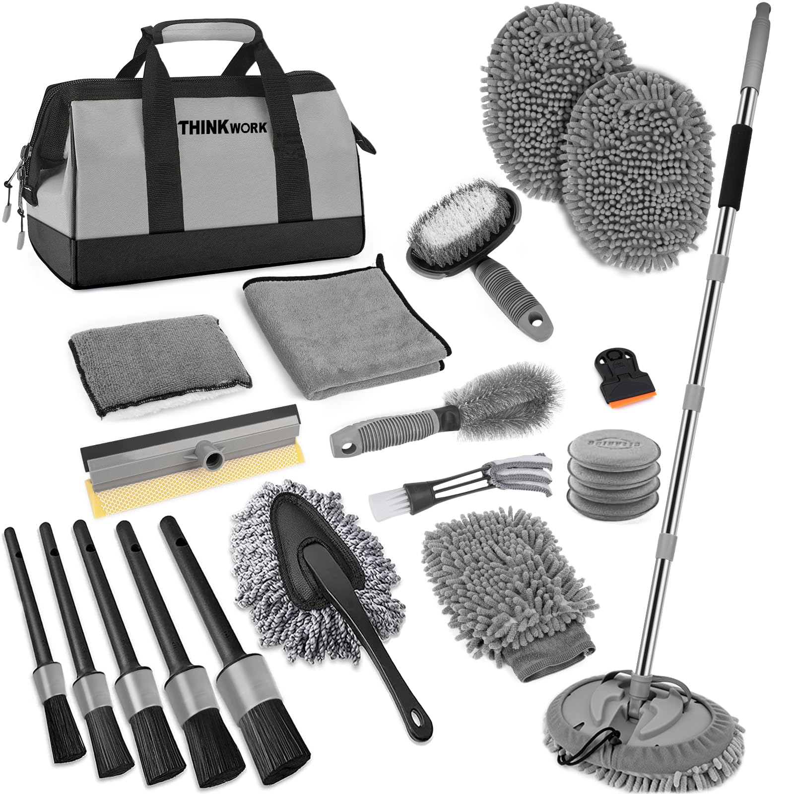 Photo 1 of ***only 2 brushes***THINKWORK Car Wash Kit, Car Washing Brush with Long Handle, Extendable Car Wash Brush Mop with 2-in-1 Windshield Squeegee and 9Pcs Detailing Brushes, Gray Car Detailing Kit Gift for Men