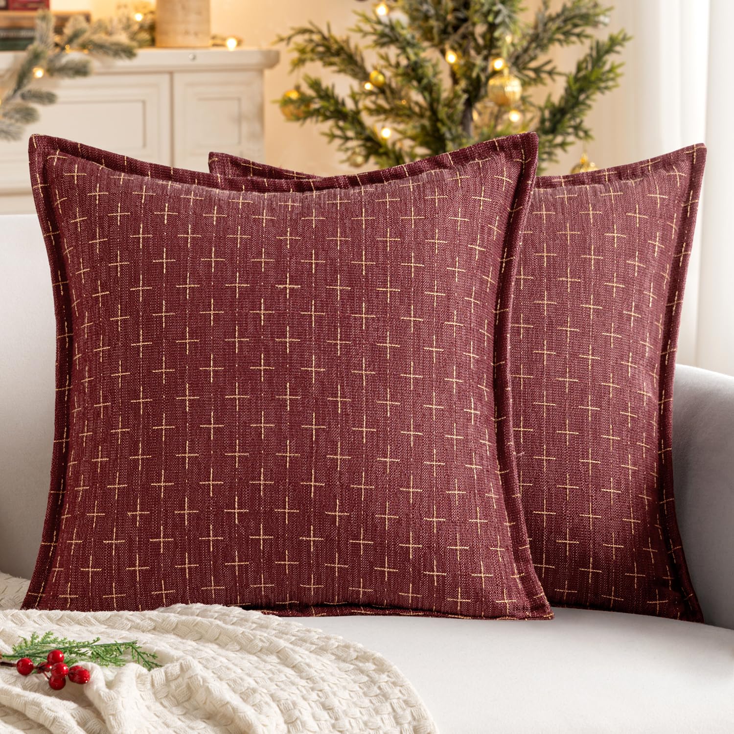 Photo 1 of **FACTORY SEALED* MIULEE Decorative Burlap Linen Christmas Throw Pillows Covers 18x18 Inch Wine Red Vintage Couch Pillow Covers Modern Farmhouse Pillowcase Woven Textured Cushion Cases for Sofa Bed Livingroom