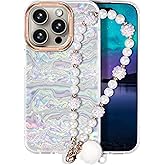 Compatible with iPhone 16 Pro Max Case for Women Girls, Slim Fit Glitter Cute Phone Case for iPhone 16 Pro Max with Pearl Phone Charm Lanyard Wrist Strap, Hard Protective Case 6.7 Inch Shiny White