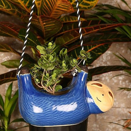 Justoriginals Hanging Sloath Ceramic Flower Pot with Beige Face(Color:Navy Blue)