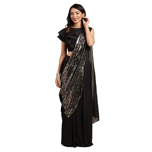 Womanista crepe with Blouse Piece Saree (TKIM9861_ Black_ Free Size)