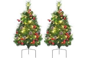 Goplus Set of 2 29" Outdoor Pathway Christmas Trees, Battery Operated Pre-Lit Artificial Xmas Trees with 30 Warm White LED Lights, 8 Flash Modes, Pine Trees for Porch Driveway Yard Garden Decor