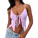 VASAUGE Women Sexy Deep V Neck Tie Front Y2k Crop Tops Backless Spaghetti Strap Cami Top