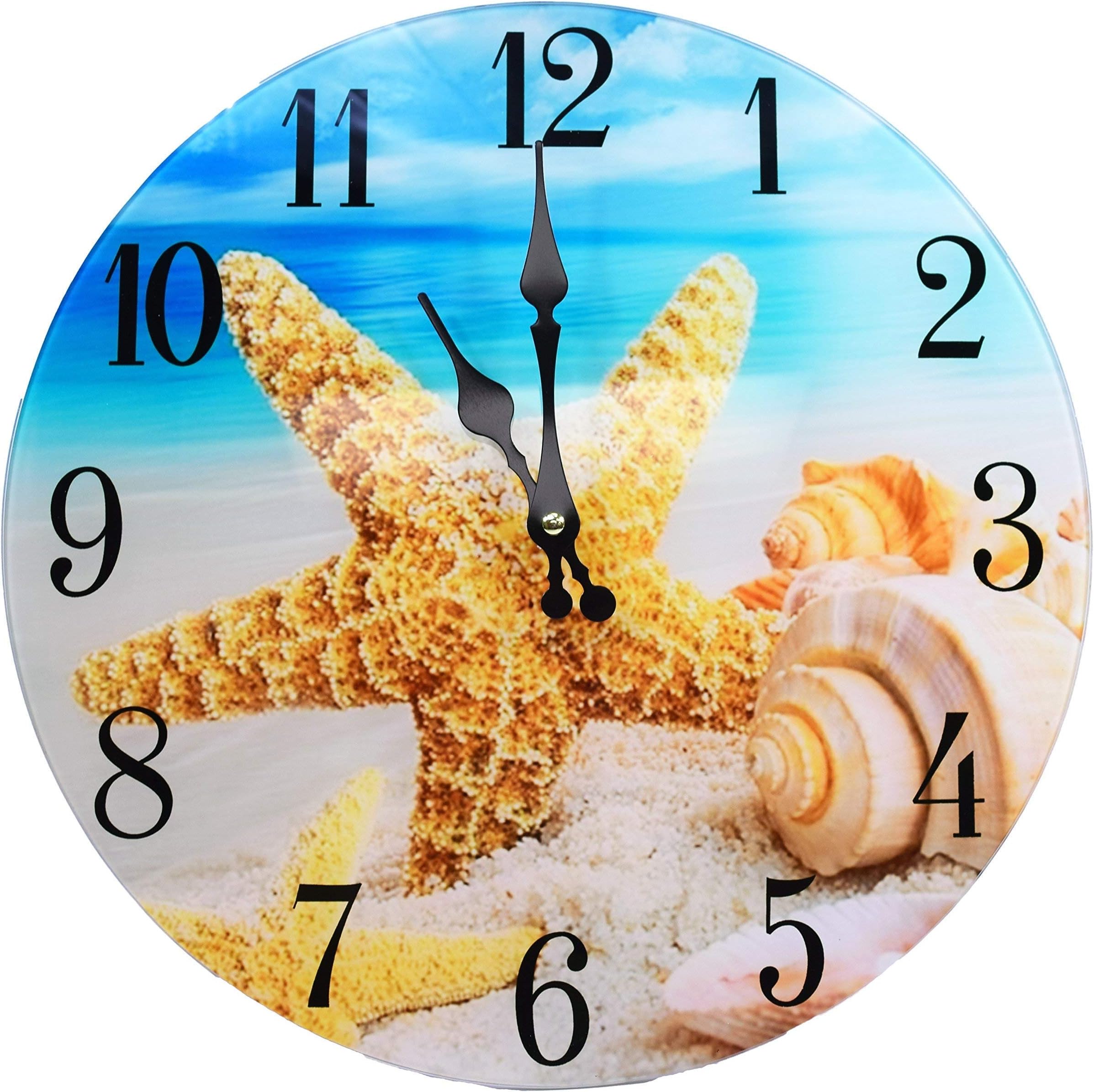 Glass Wall Clock - Coastal, Nautical, and Beach Themed | Decorative and Aesthetic Timepiece | Ideal Home Decor for Living Room, Bedroom, or Beach House | 13 x 13 Inches | Sea Shells