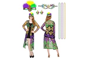 Twistover 7 Pcs Mardi Gras Outfit for Women Sequin Cardigan Beads Necklace Fake Feather Headband Dangle Earrings Mask