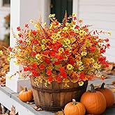 Roberly Artificial Fall Flowers for Outdoors Decoration, 12 Bundles Fake Mums Faux Orange Flowers Boston Fern Eucalyptus Plastic Plants for Garden Porch Autumn Thanksgiving Home Decor, Mixed Color