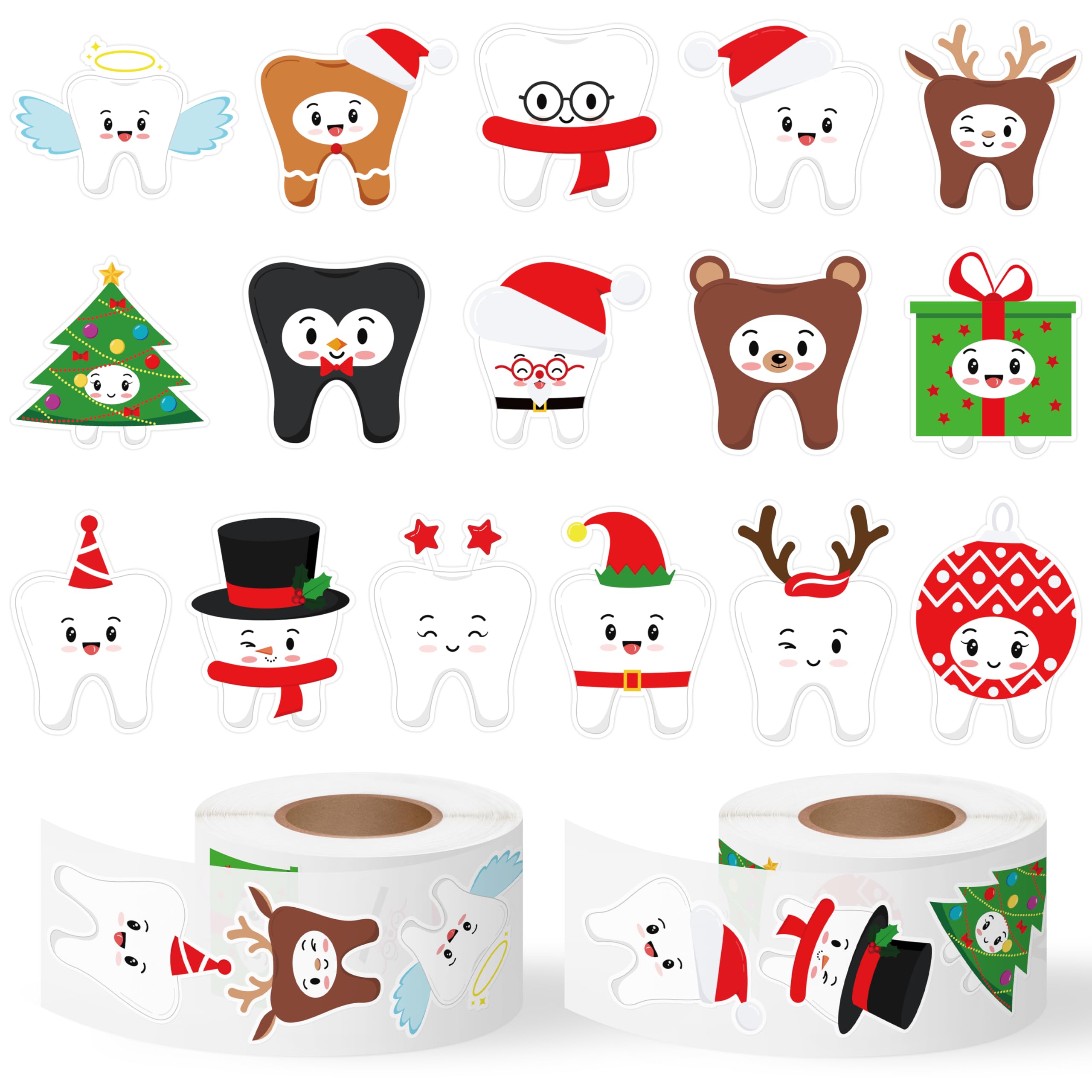 CNhoqc Christmas Teeth Sticker Rolls - 1000Pcs Christmas Tree Teeth Waterproof Vinyl Reusable Laptop Stickers Coloring Book Scrapbook Water Bottle Page Activity Pad Xmas Party Favors Kids Skateboard
