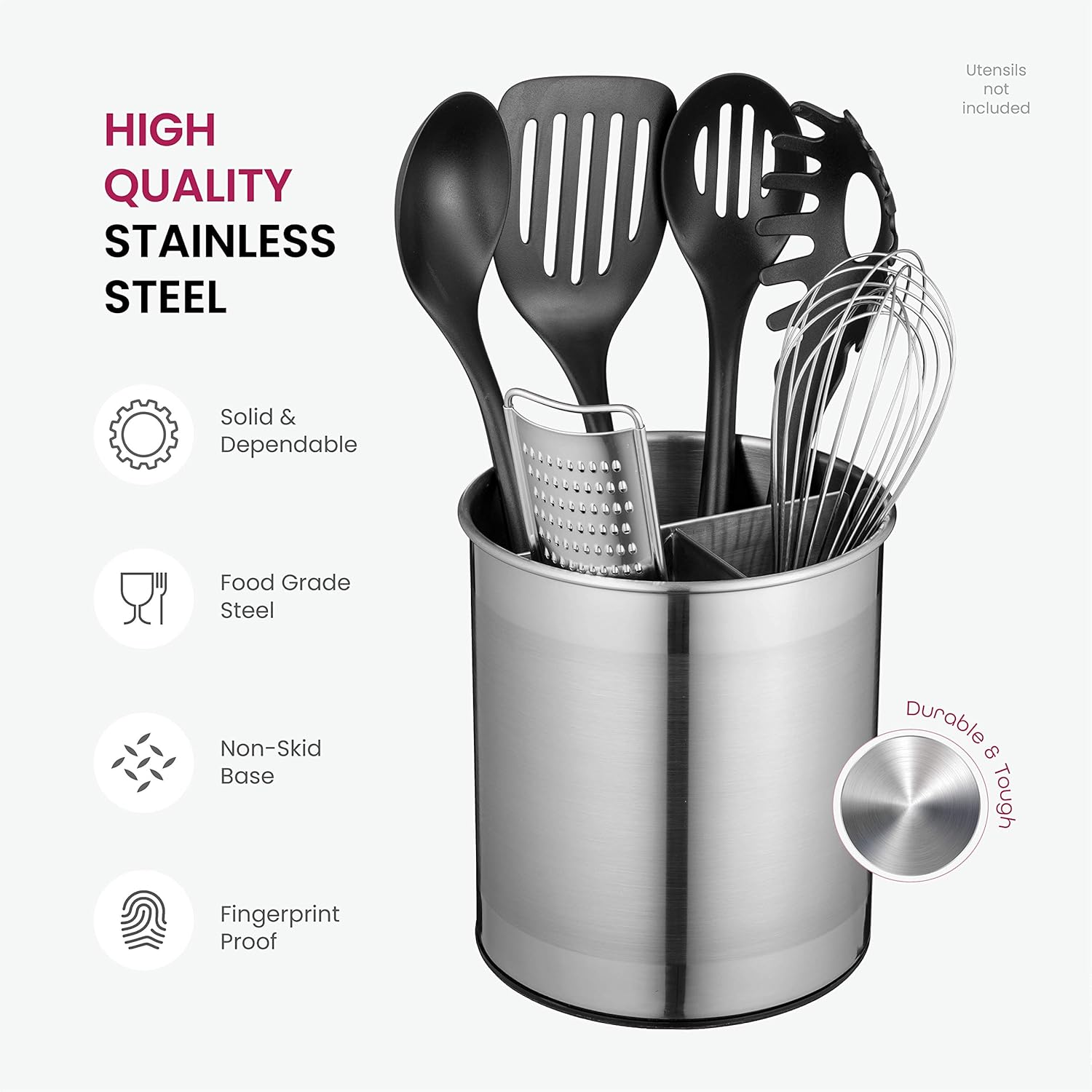 Extra-Large Stainless Steel Kitchen Utensil Holder - 360° Rotating Utensil Caddy - Weighted Base for Stability - Utensil Crock With Removable Divider for Easy Cleaning - Countertop Utensil Organizer.: Kitchen & Dining