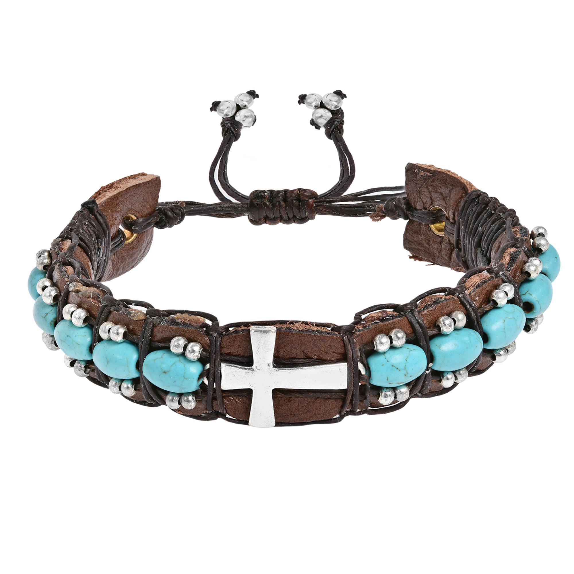 AeraVida Inspirational Cross with Simulated Turquoise Stones Leather Cuff Bracelet