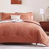 Geniospin King Size Comforter Set - 7 Pieces Burnt Orange Bedding Set, Botanical Textured Fall Comforter Set, All Season Lightweight Bed in a Bag with Comforter, Sheets, Pillowcases & Shams
