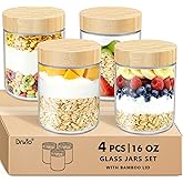 DRKIO 16 Oz Overnight Oats Containers with Bamboo Lids - 4 Pack Glass Storage Jars with Airtight Lids Wide Mouth Mason Food Jars Great for Meal Prep Salad Chia Pudding Snacks Yogurt Sugar Spice Cereal