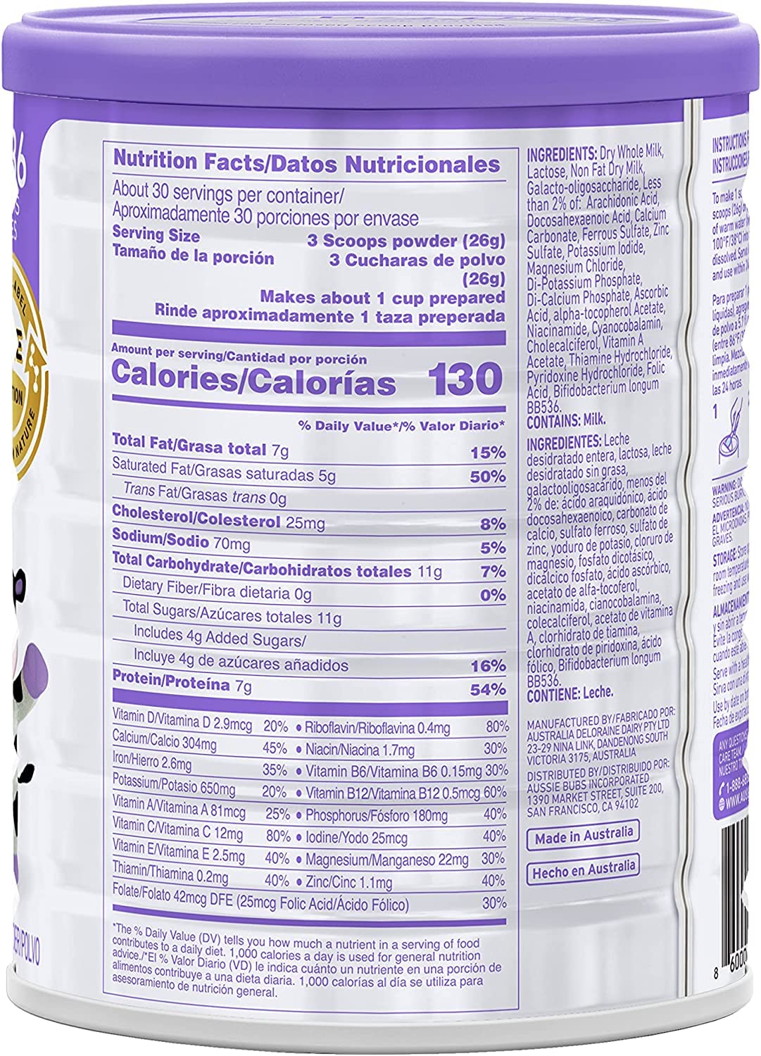 Aussie Bubs Grass Fed Nutritional Milk-Based Toddler Formula, For Kids 12-36 months, Made with Non-GMO Organic Milk, 28.2 oz