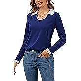 Pafnny Cotton Long Sleeve Polo Shirt for Womens Color Block Collared U Neck Business Casual Tops